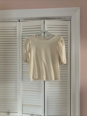 Slim Puff-Sleeve Knit Top in Cream by Honeycloth